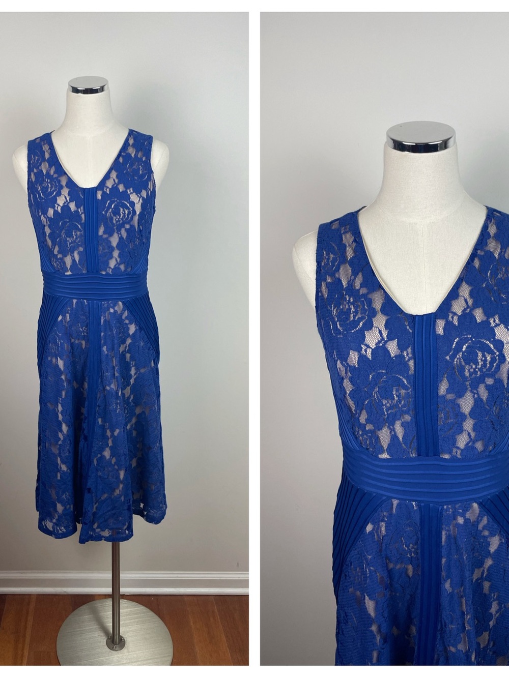 Danny & Nicole Blue Nude Tan Lace Floral Dress Women Size 8
